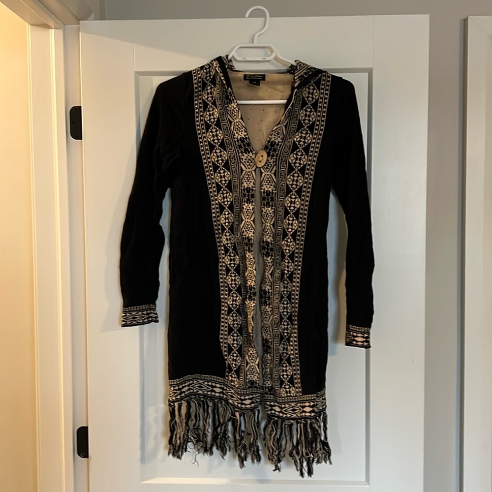 Hooded navy and tan Bohemian long cardigan